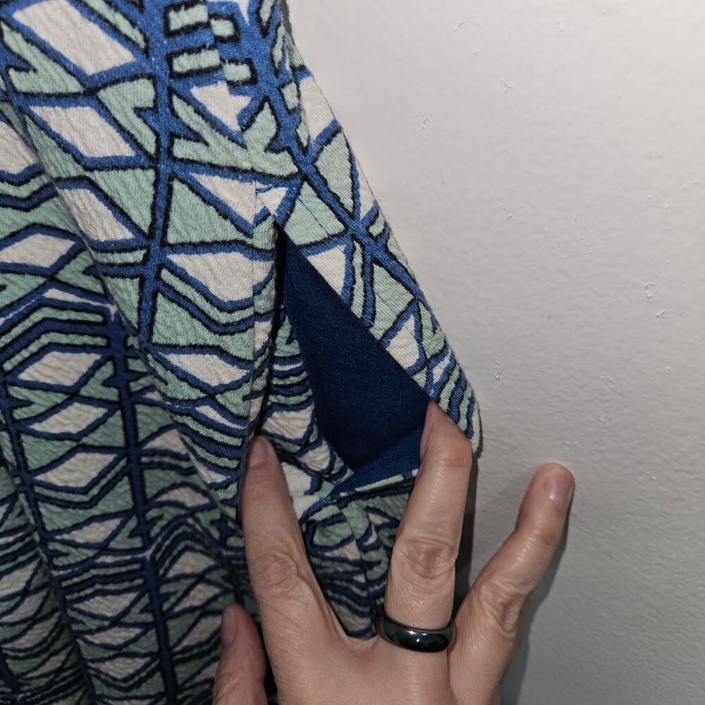 Anthropologie Maeve Green Blue Geometric Fit and Flare Cutout Mini Dress Size 12 - Picture 6 of 8